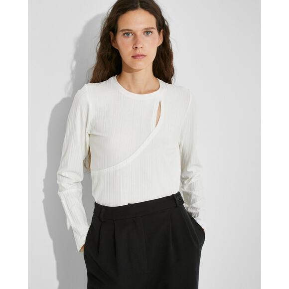 Naelle Top Womens Medium Ivory Knit Ribbed Cut Out Basic Edgy Minimalist Stretch - Picture 2 of 8